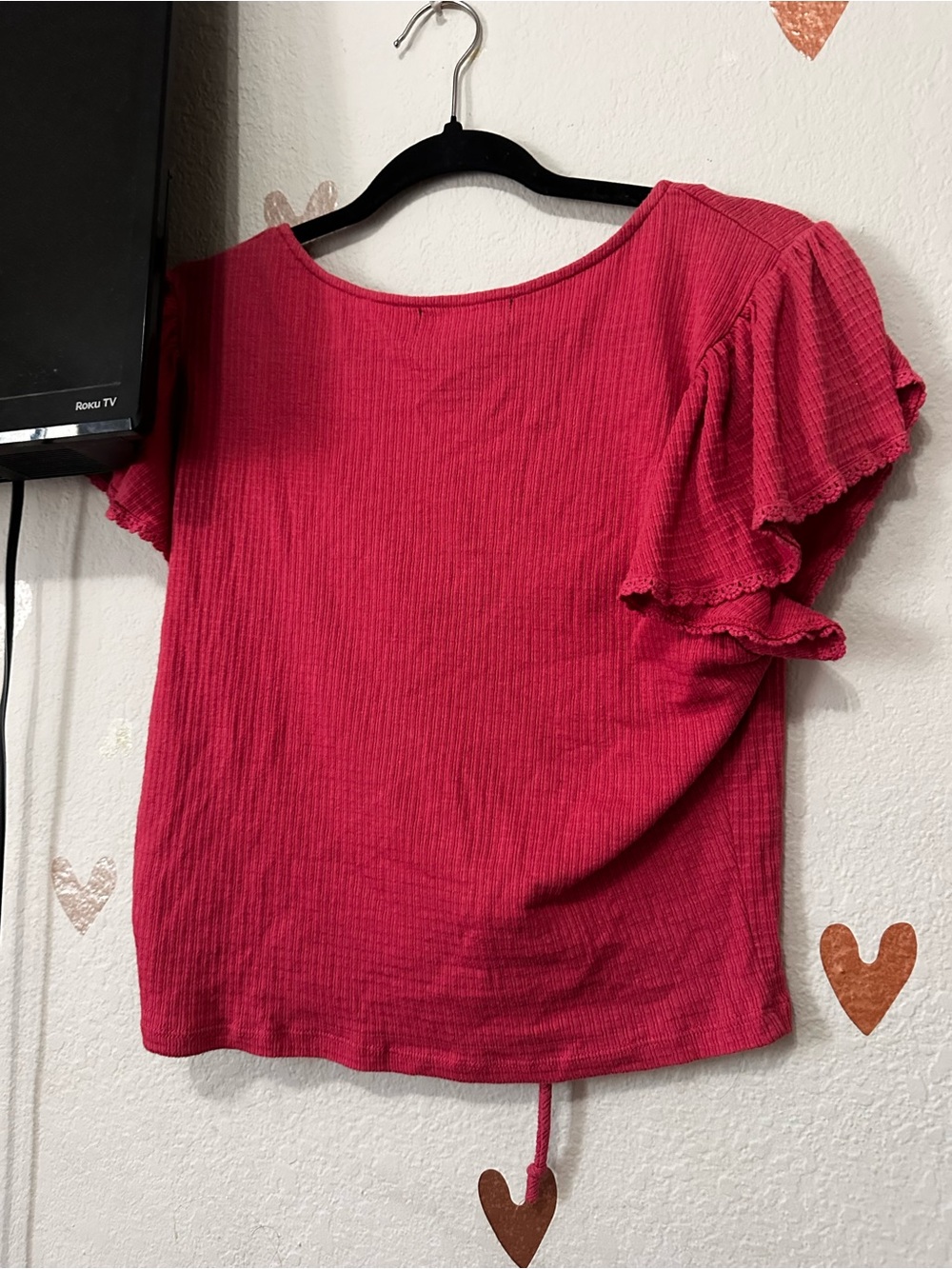 Forever 21 Hot Pink Ribbed Ruched Drawstring V-Neck Crop Top - Picture 2 of 3
